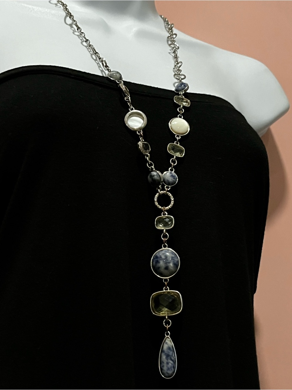 Long Silver Chain Pendant Necklace with Blue and Green Stones